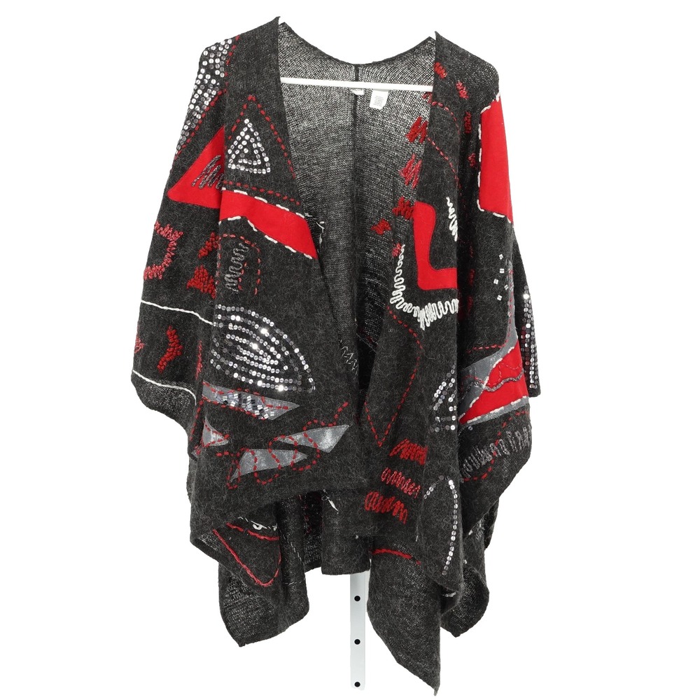 Chico's Knit Wrap Cape One Size Art to Wear Boho Mixed Media Sequin Indie Casual
